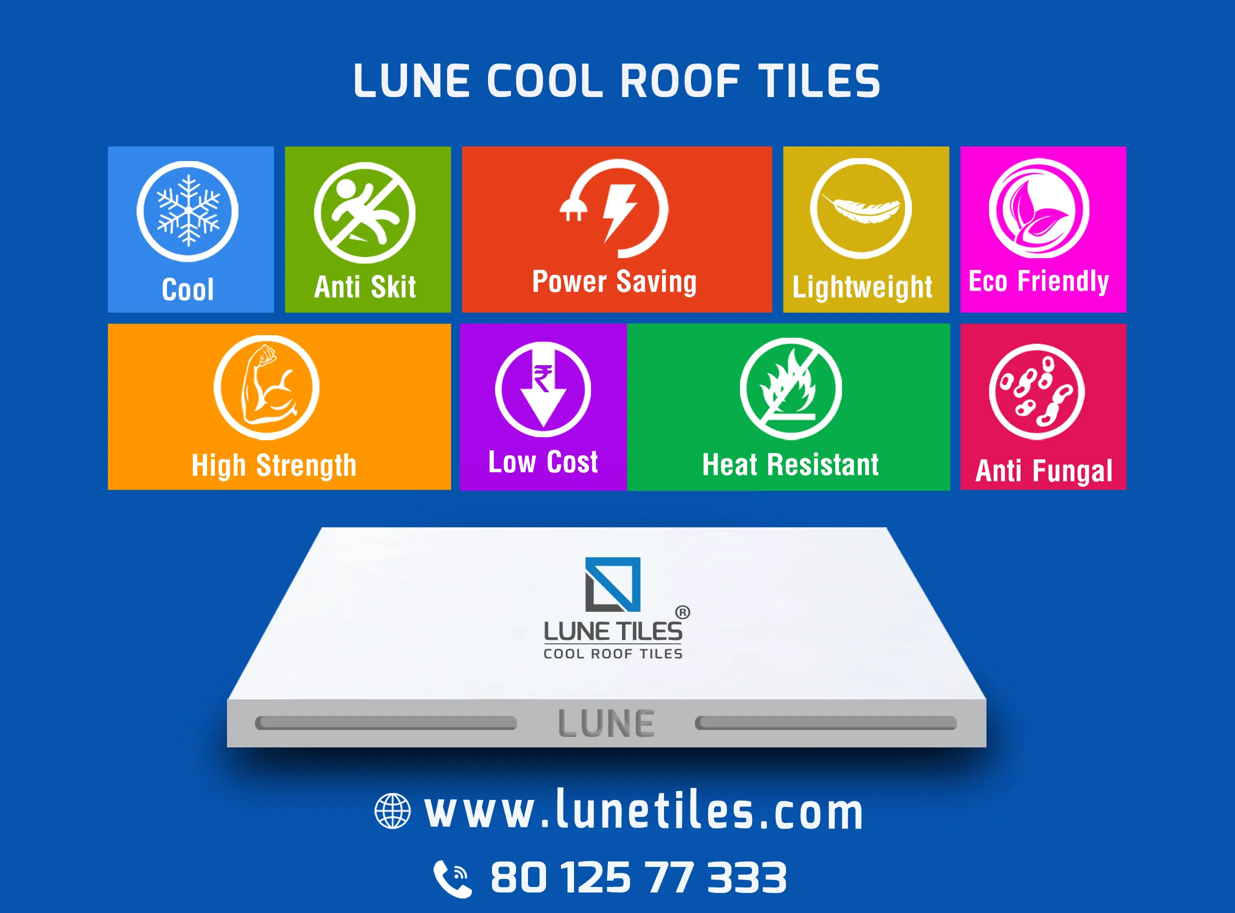 Lune Tiles also termed as Cool Roof tiles, Heat resistance tiles, Cool tiles, Thermal insulation tiles,cooling tiles, Weathering tiles and White tiles.